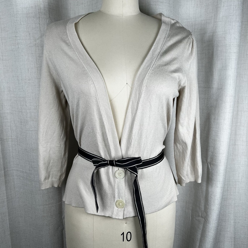 NEW! Ann Taylor Loft Belted Cardigan Women's Size‎ Large Cream Navy Blue Belt